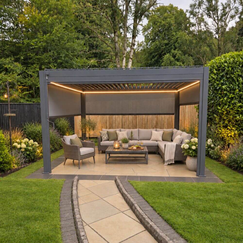 A modern outdoor patio pergola in Scotland with a built-in seating area, set in a lush green backyard. The pergola features a dark grey frame, a slatted roof with warm LED lighting, and a retractable side awning.